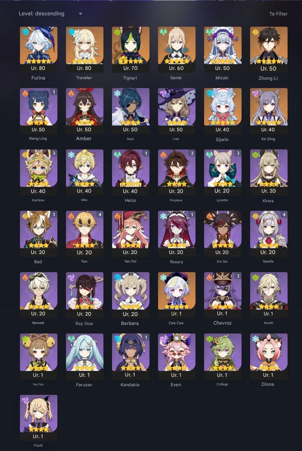 GI1526 AR45 Europe 8x5 star Furina, Tighnari, Jean, Zhongli, Mizuki, Keqing, Sigewinne and Qiqi 